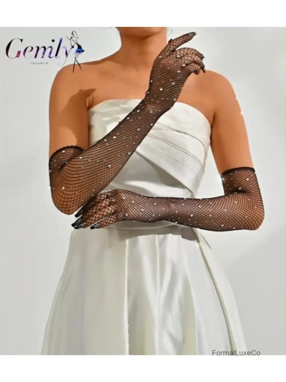 Mesh Rhinestone Long Gloves Sparkly Costume Gloves